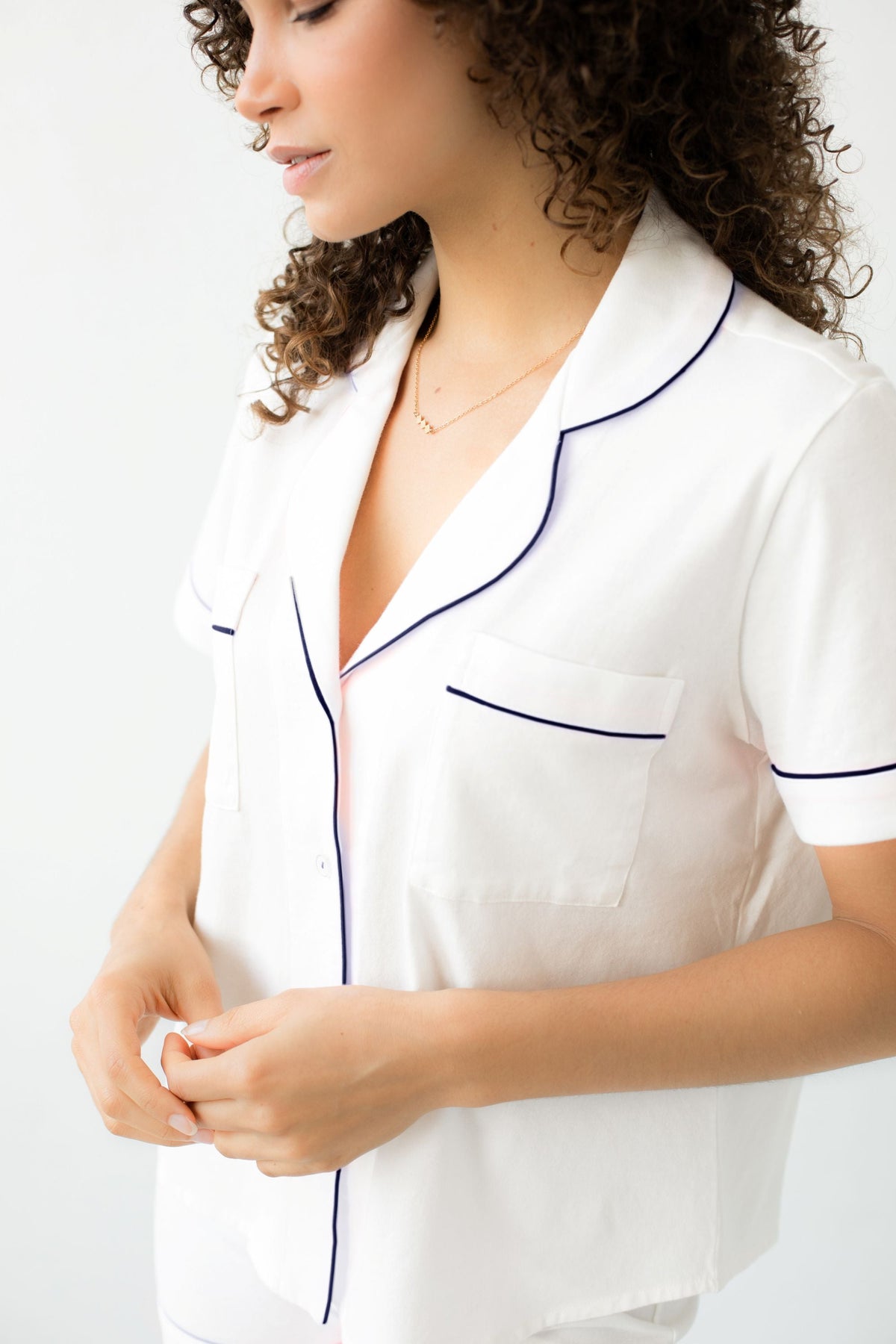 Classic Luxury Shorties Pajamas in Brushed Pima Cotton in White Navy - PAJAMAS photo