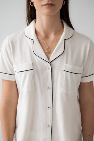 Classic Luxury Capri Pajamas in Brushed Pima Cotton in White Navy - PAJAMAS photo
