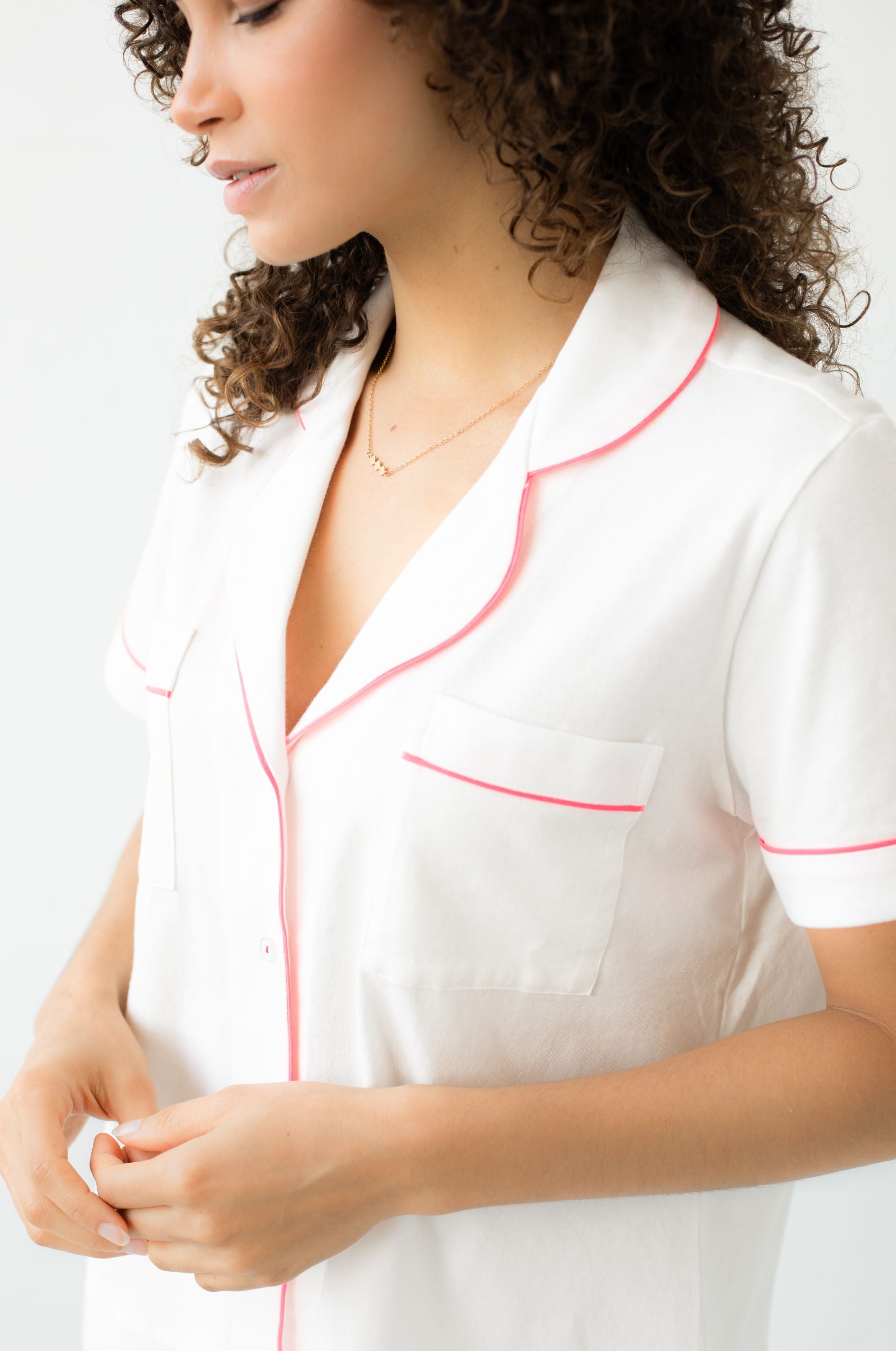 Classic Luxury Shorties Pajamas in Brushed Pima Cotton in White Neon Pink - PAJAMAS photo