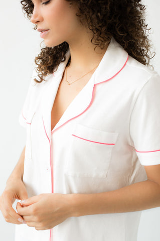 Classic Luxury Shorties Pajamas in Brushed Pima Cotton in White Neon Pink - PAJAMAS photo