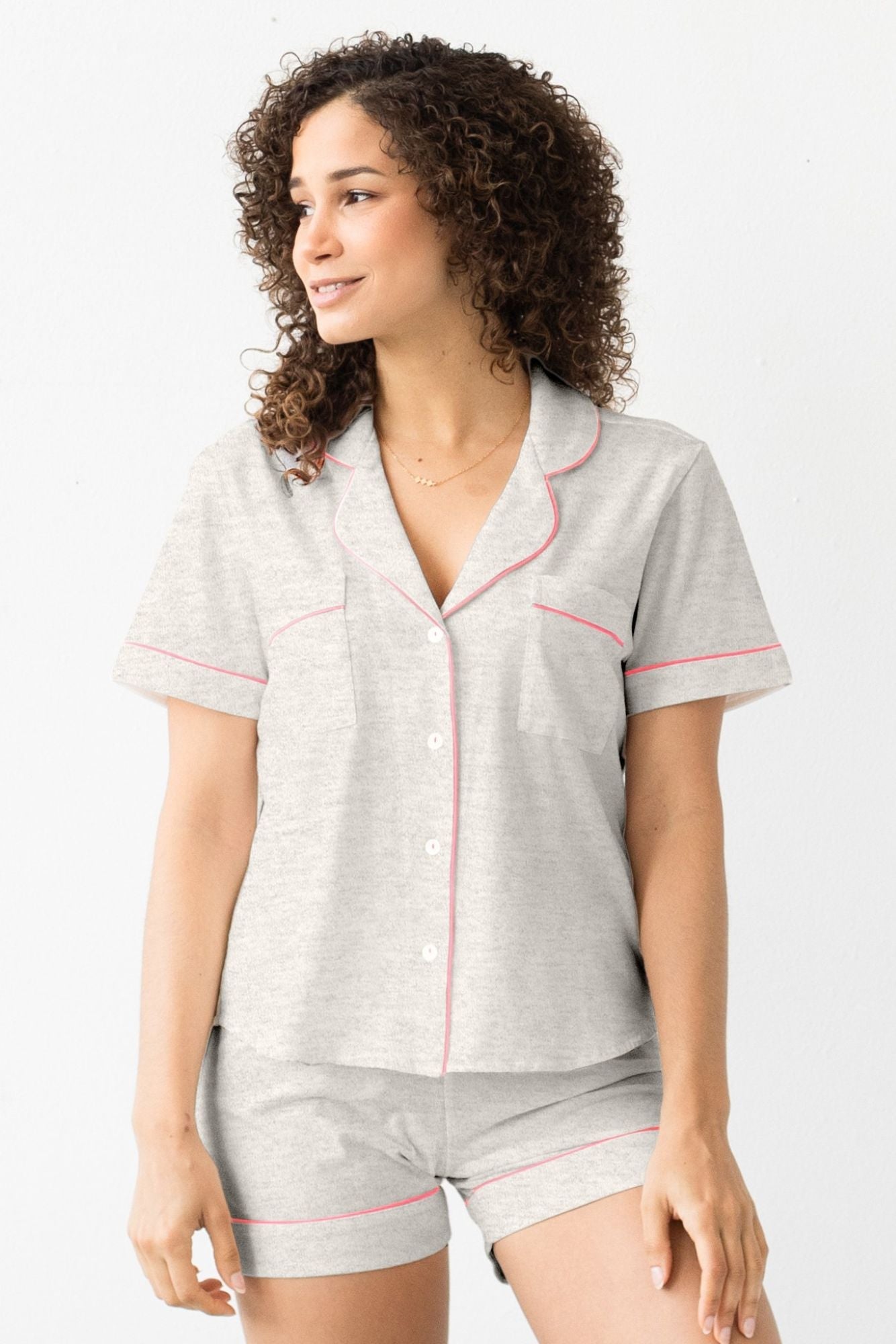 Classic Luxury Shorties Pajamas in Brushed Pima Cotton in Heather Grey Neon Pink - PAJAMAS photo