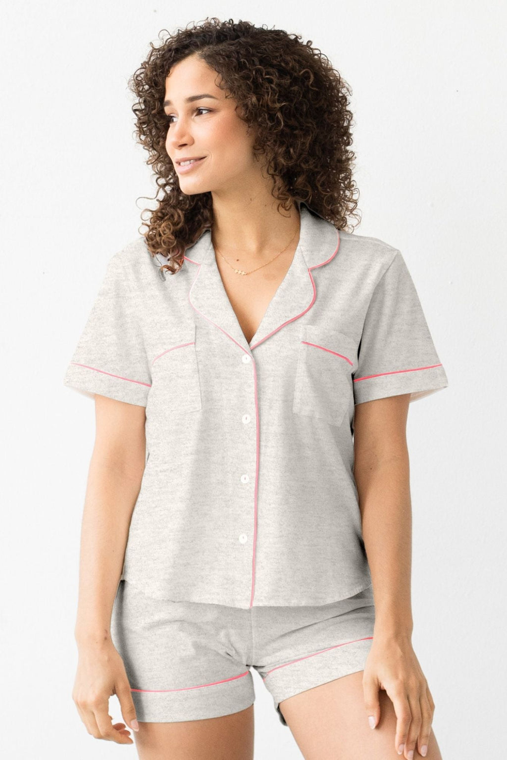 Classic Luxury Shorties Pajamas in Brushed Pima Cotton in Heather Grey Neon Pink - PAJAMAS photo