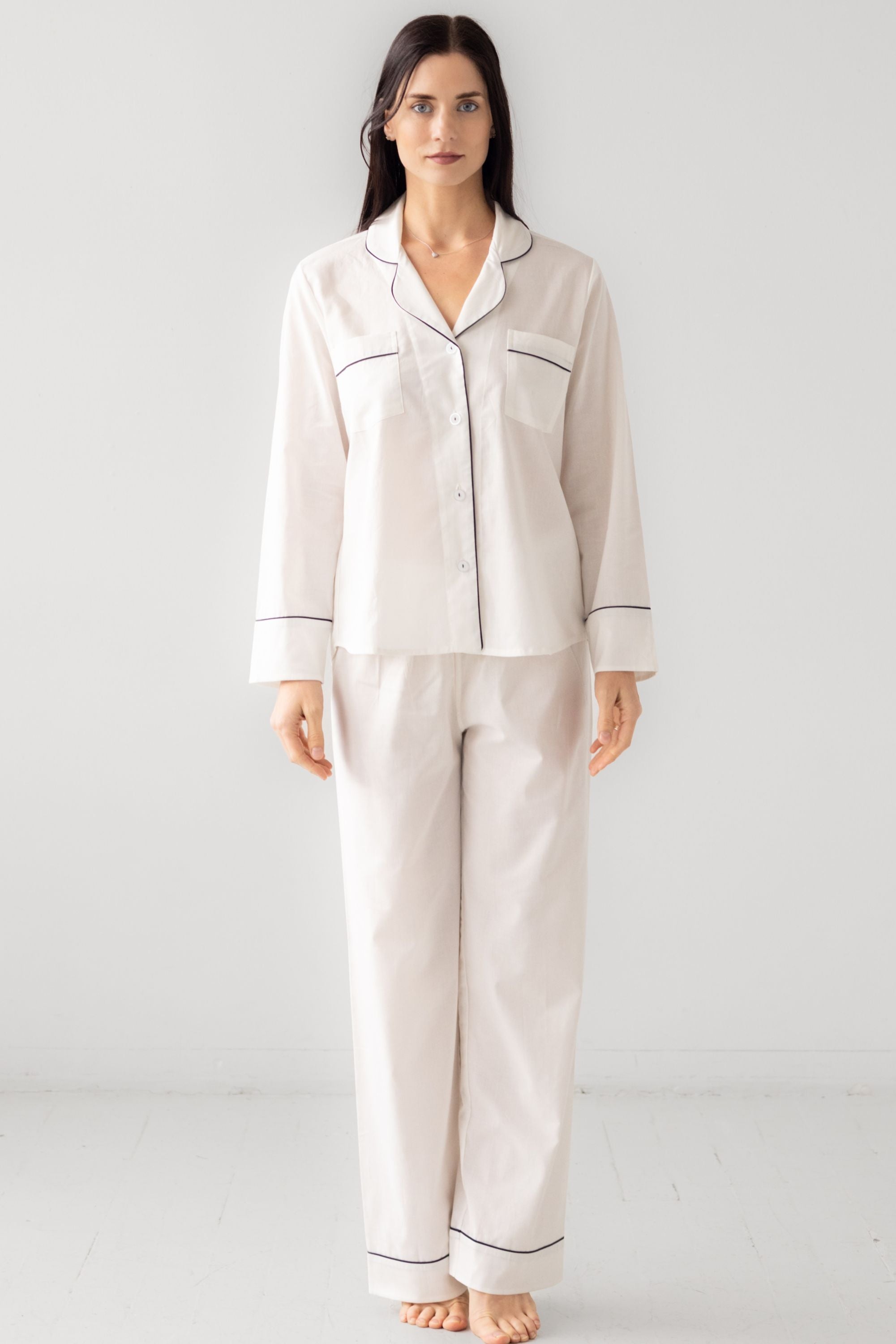Classic Woven Cotton Pajama Set in White Navy - PAJAMAS photo
