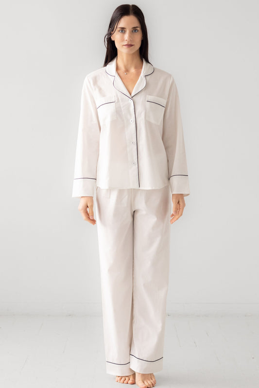 Classic Woven Cotton Pajama Set in White Navy - PAJAMAS photo