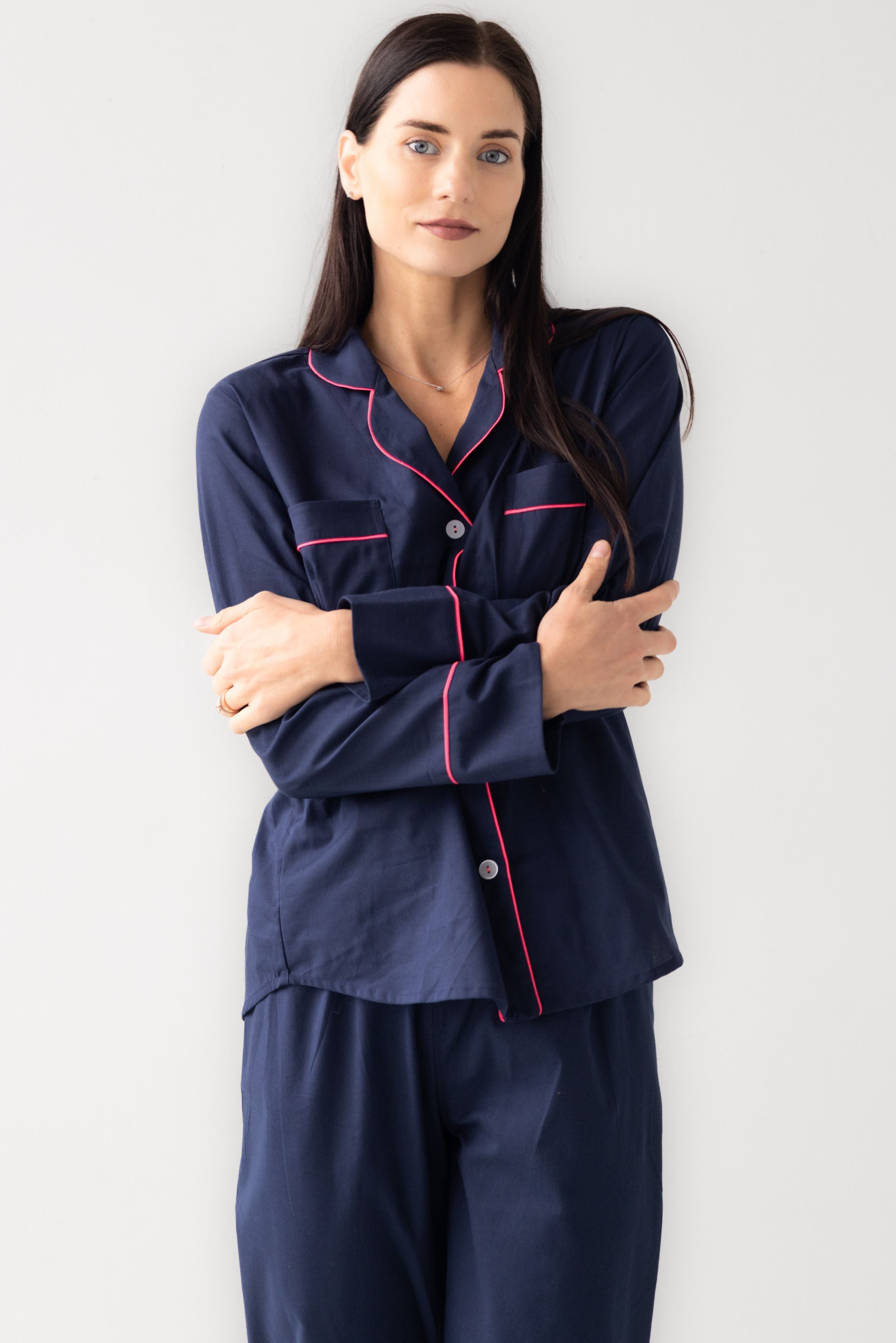 Classic Woven Cotton Pajama Set in Navy Neon Pink - PAJAMAS photo