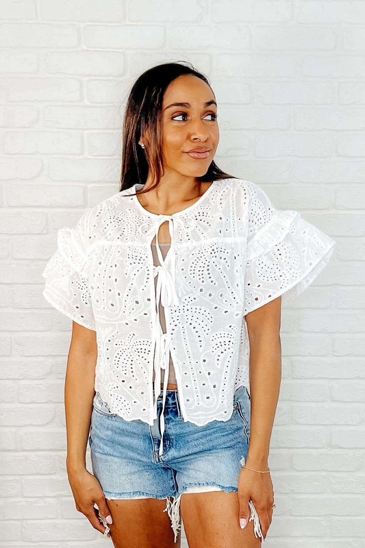 Classy As Heck Eyelet Front Tie Top in Off White in - Womens photo