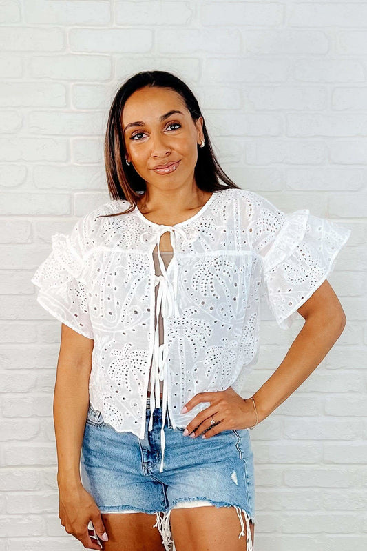 Classy As Heck Eyelet Front Tie Top in Off White in - Womens photo