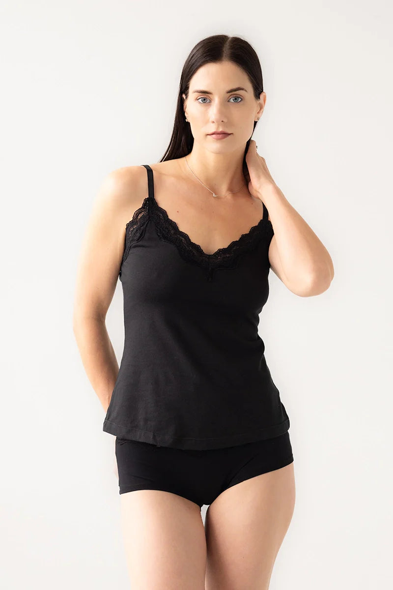 Cotton Camisole with lace trim in Black - CAMISOLE photo