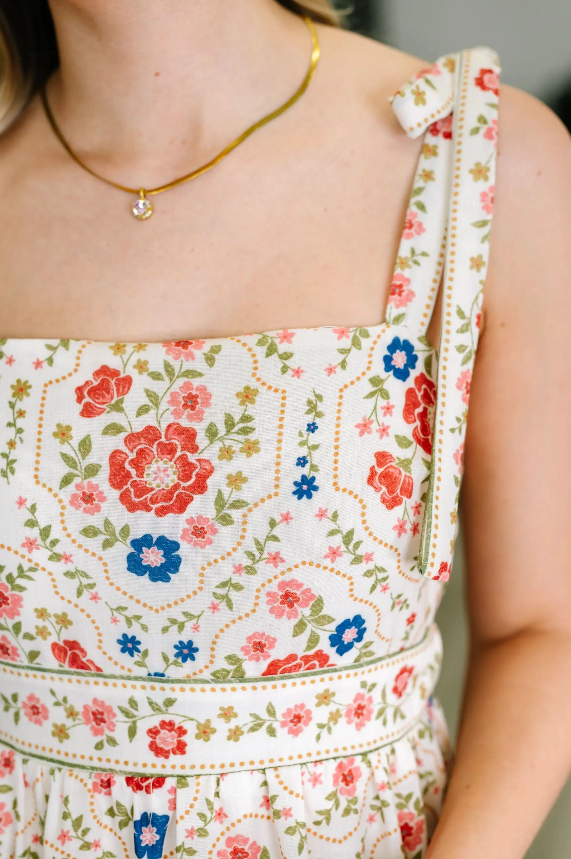 Country Crush Adjustable Strap Dress in Cream and Red