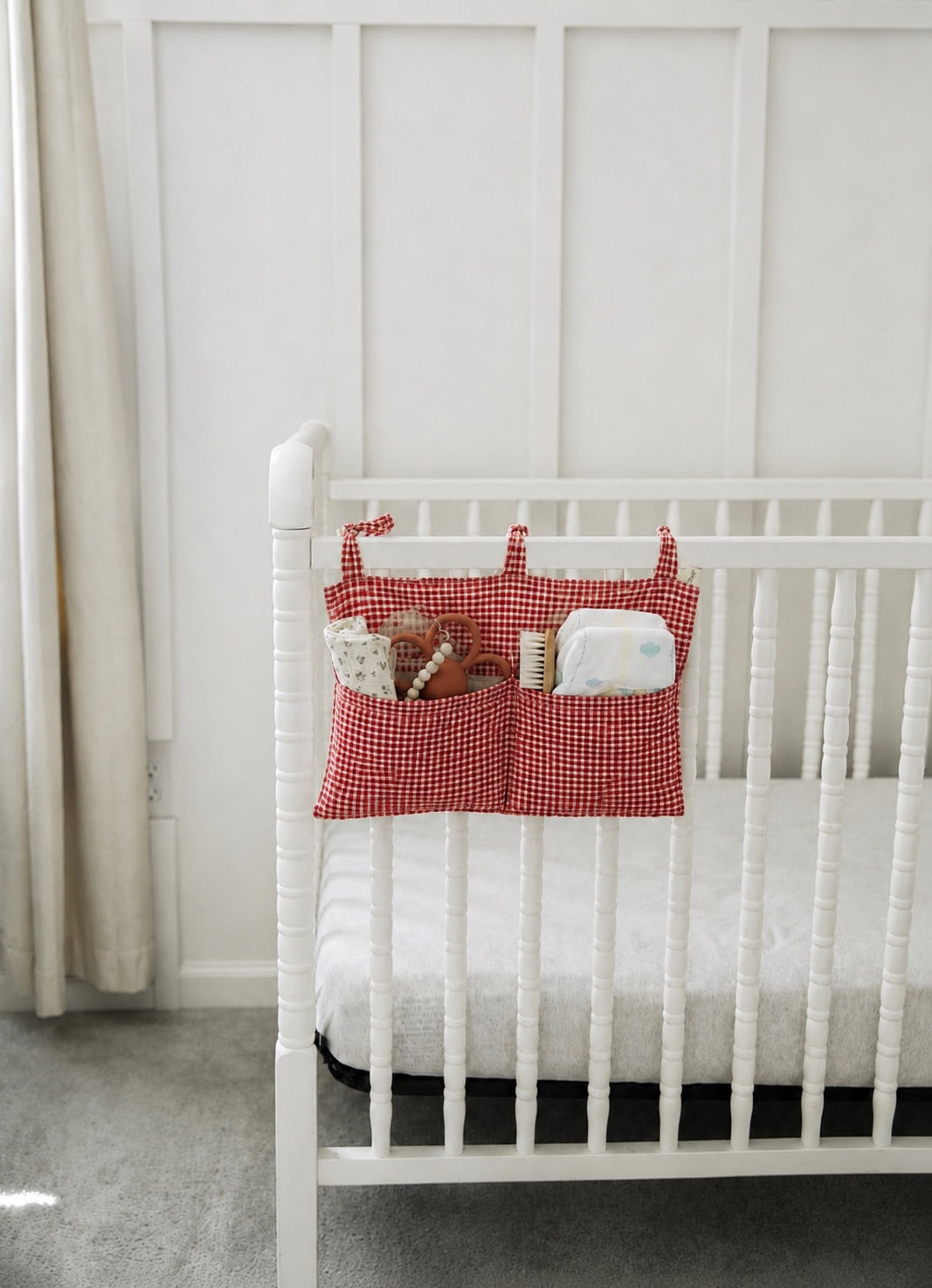 Crib Diaper Caddy Storage Organizer Nursery Room - Red Gingham