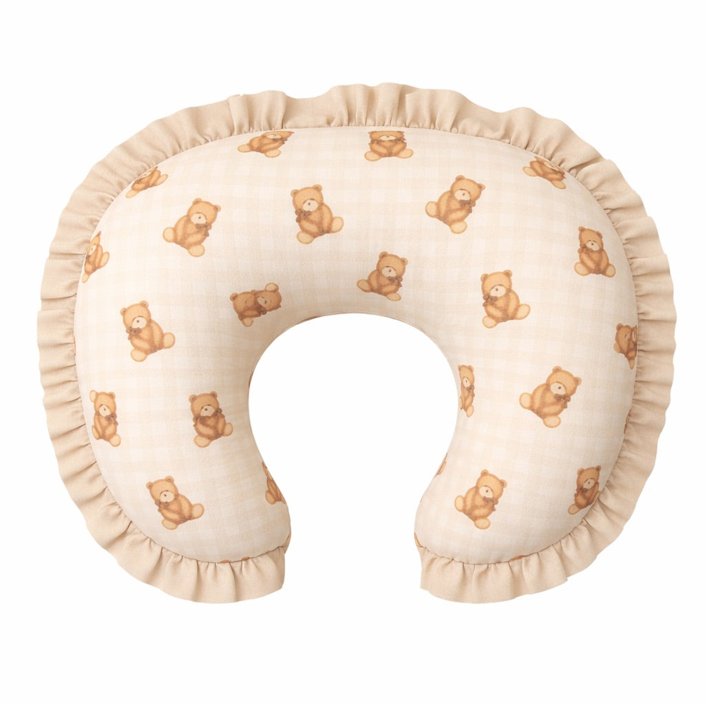 Beige Teddy Bear Gingham Ruffle Nursing Pillow Cover
