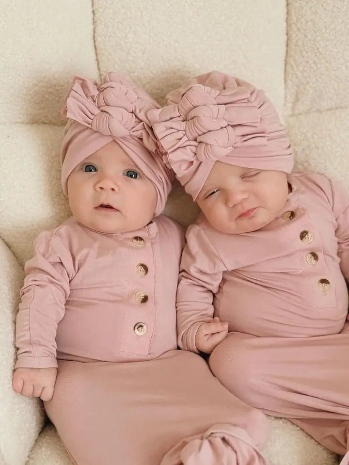 Newborn Knotted Gown and 3 Bow Turban Hat - Dusty Rose in - Newborn Knotted Baby Gown Sets photo