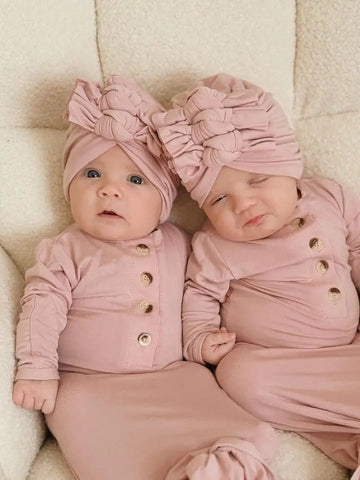 Newborn Knotted Gown and 3 Bow Turban Hat - Dusty Rose in - Newborn Knotted Baby Gown Sets photo