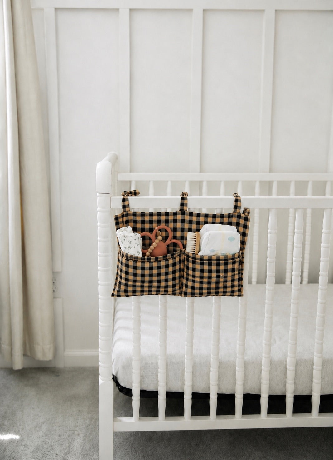 Crib Diaper Caddy Storage Organizer Nursery Room - Brown Gingham