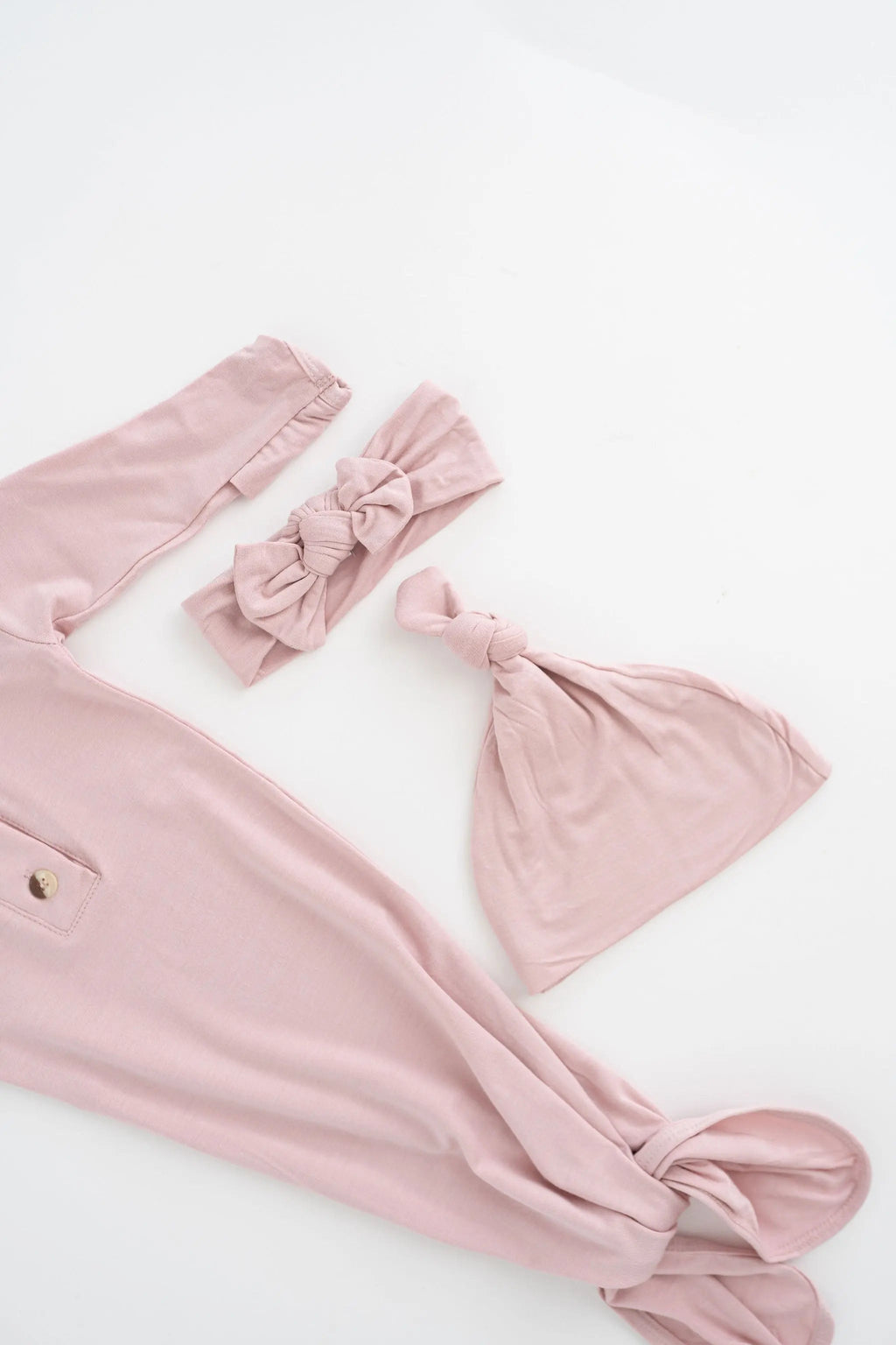 Knotted Baby Gown, Hat, Headband Set – Newborn Baby Girl Outfit - Dusty Rose in - Newborn Knotted Baby Gown Sets photo
