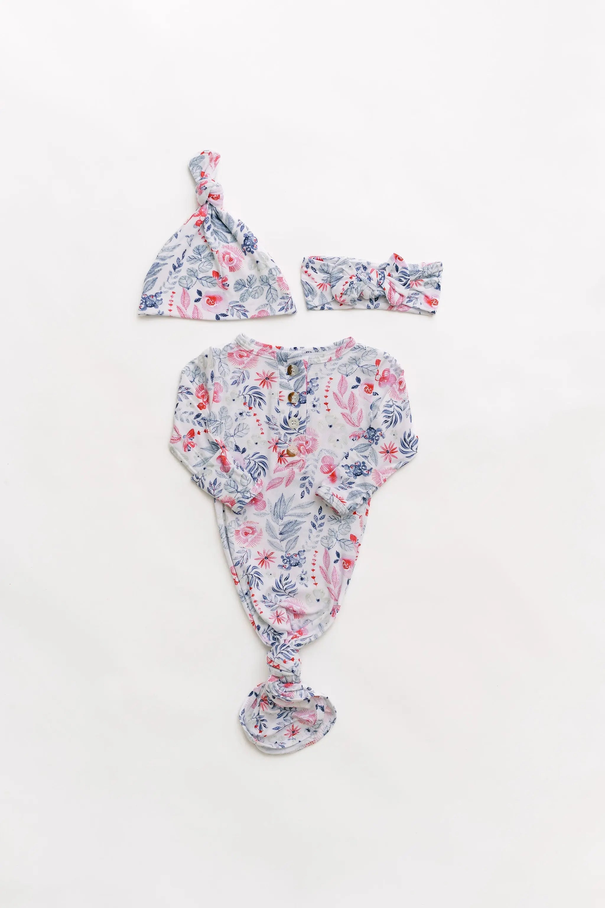 Stroller Society Knotted Baby Gown and Hat Set with Headband - Bloom in - Newborn Knotted Baby Gown Sets photo