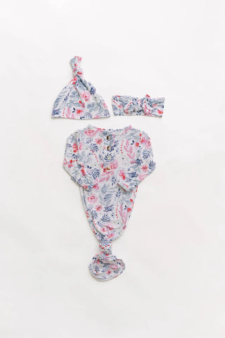 Stroller Society Knotted Baby Gown and Hat Set with Headband - Bloom in - Newborn Knotted Baby Gown Sets photo