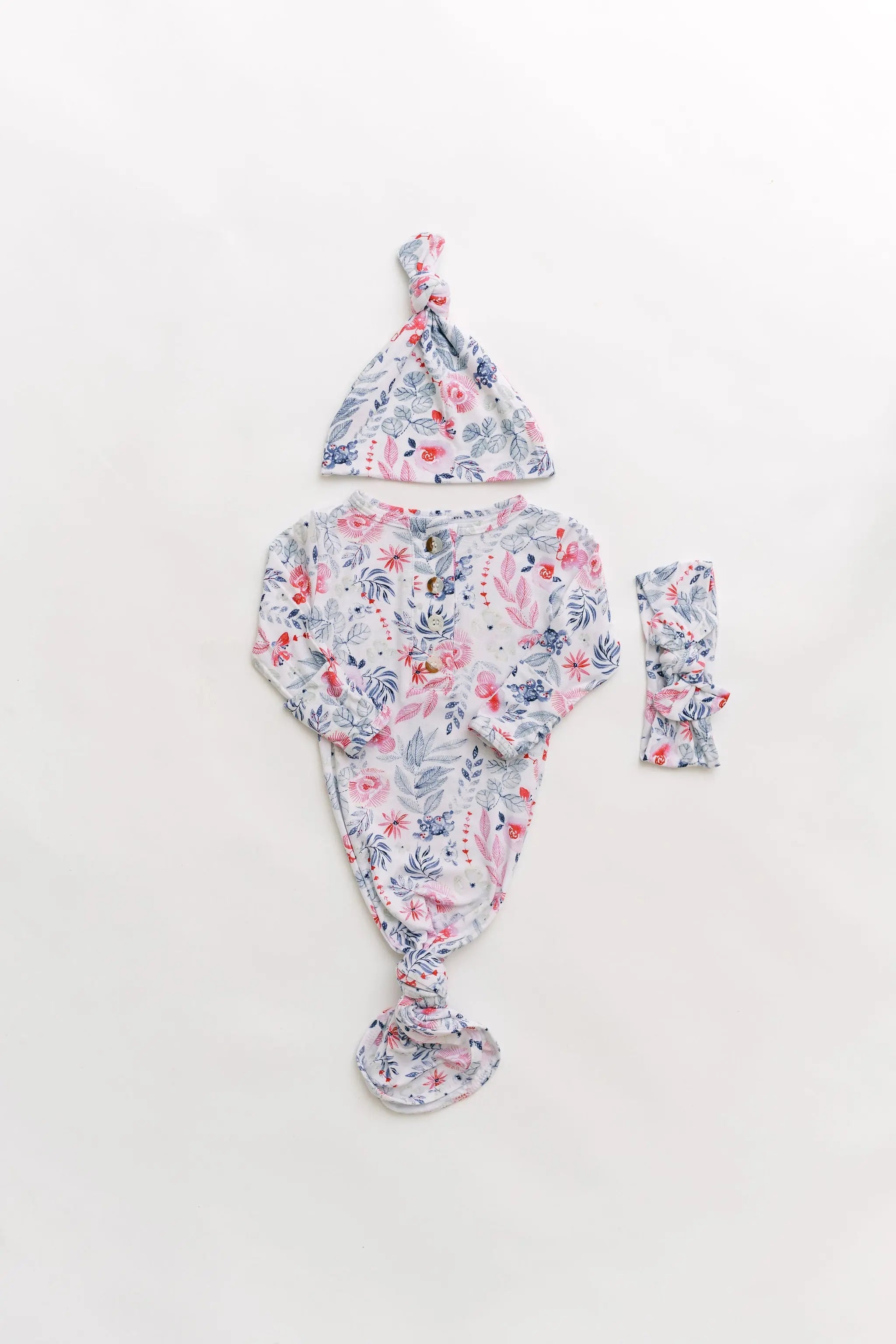 Stroller Society Knotted Baby Gown and Hat Set with Headband - Bloom in - Newborn Knotted Baby Gown Sets photo