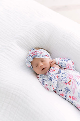 Stroller Society Knotted Baby Gown and Hat Set with Headband - Bloom in - Newborn Knotted Baby Gown Sets photo