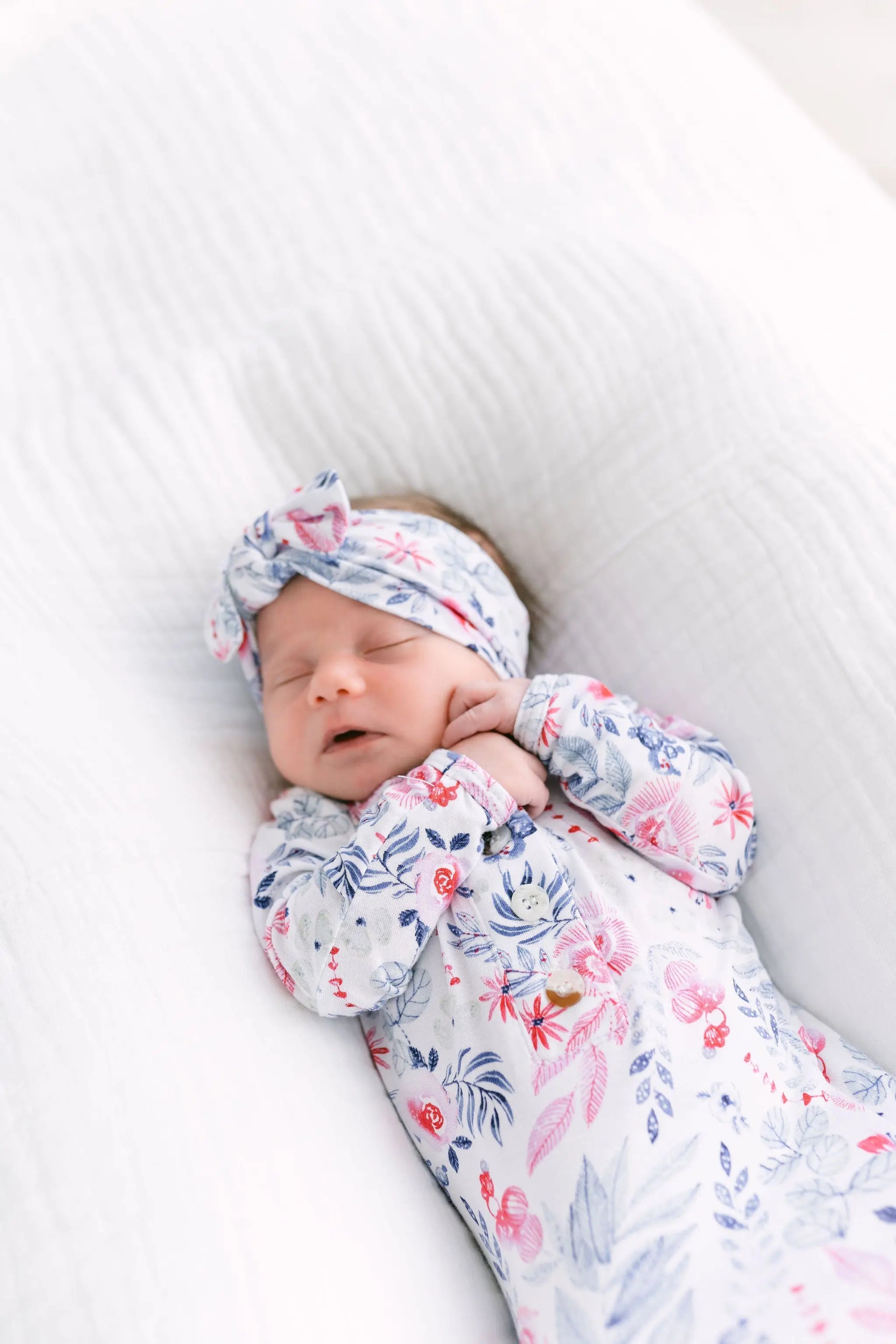 Stroller Society Knotted Baby Gown and Hat Set with Headband - Bloom in - Newborn Knotted Baby Gown Sets photo