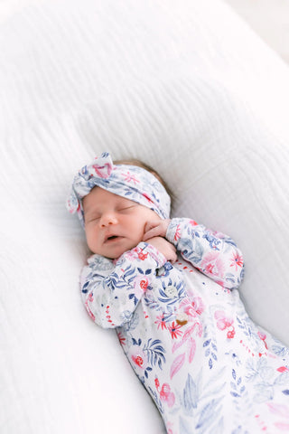 Stroller Society Knotted Baby Gown and Hat Set with Headband - Bloom in - Newborn Knotted Baby Gown Sets photo