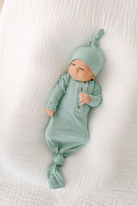 Knotted Baby Gown & Hat Set - Mint (Newborn-3 months) in Hat - Newborn Knotted Baby Gown Sets photo