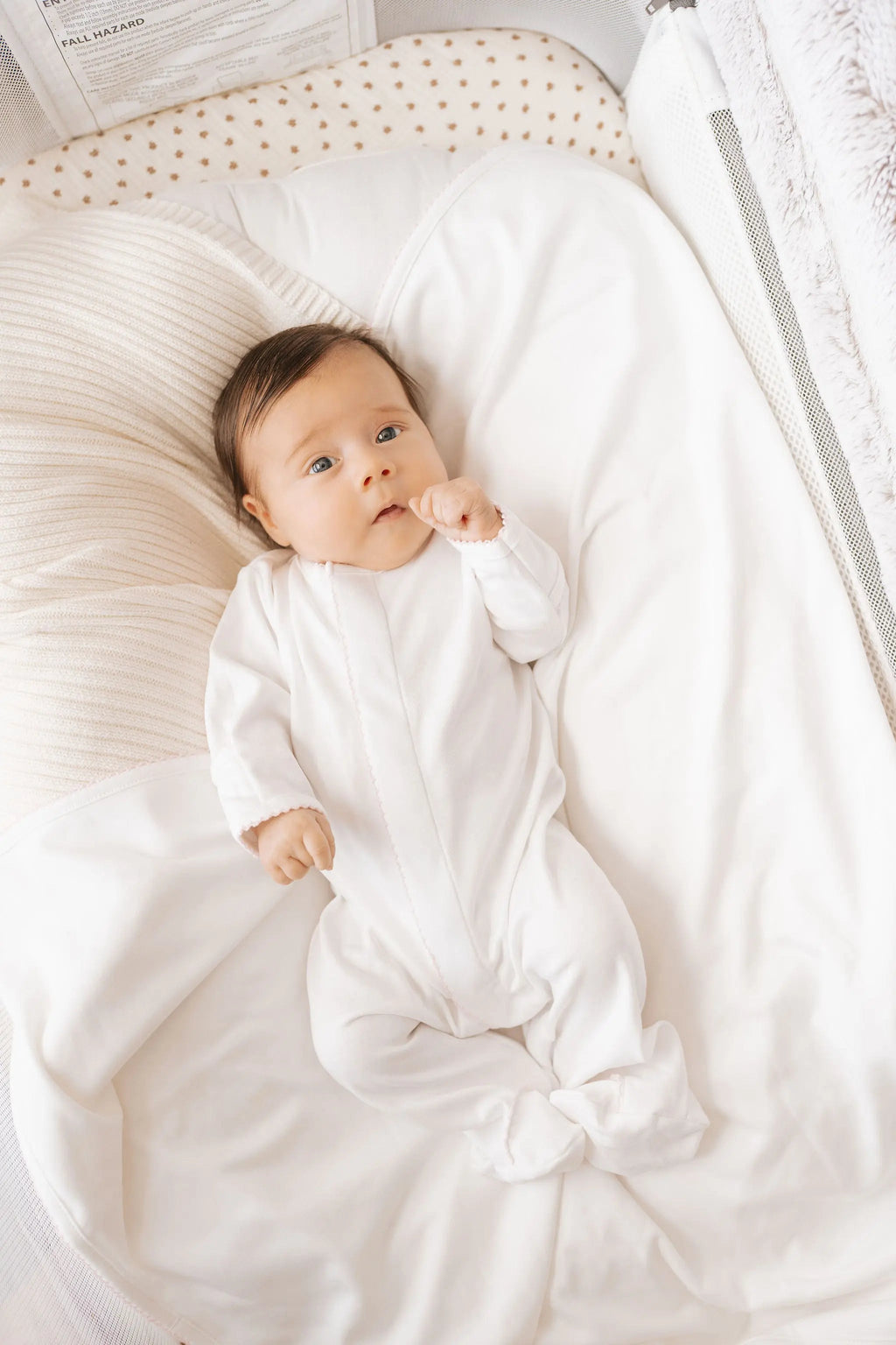 Stroller Society Premium Pima Cotton Footie - Infant apparel in White Baby Pink Picot Trim - Onesies photo