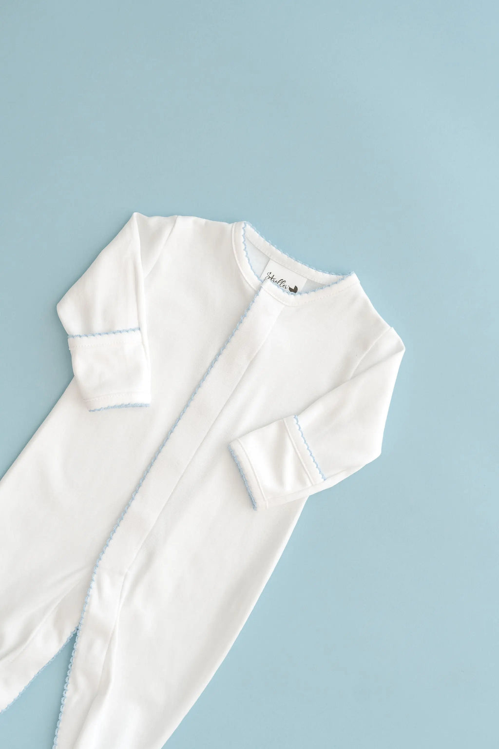 Stroller Society Premium Pima Cotton Footie - Infant apparel in White Baby Blue Picot Trim NB - Onesies photo