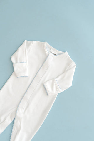Stroller Society Premium Pima Cotton Footie - Infant apparel in White Baby Blue Picot Trim 0-3 m - Onesies photo