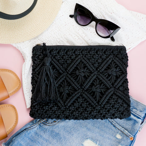 Macrame Tassel Clutch in Black - photo