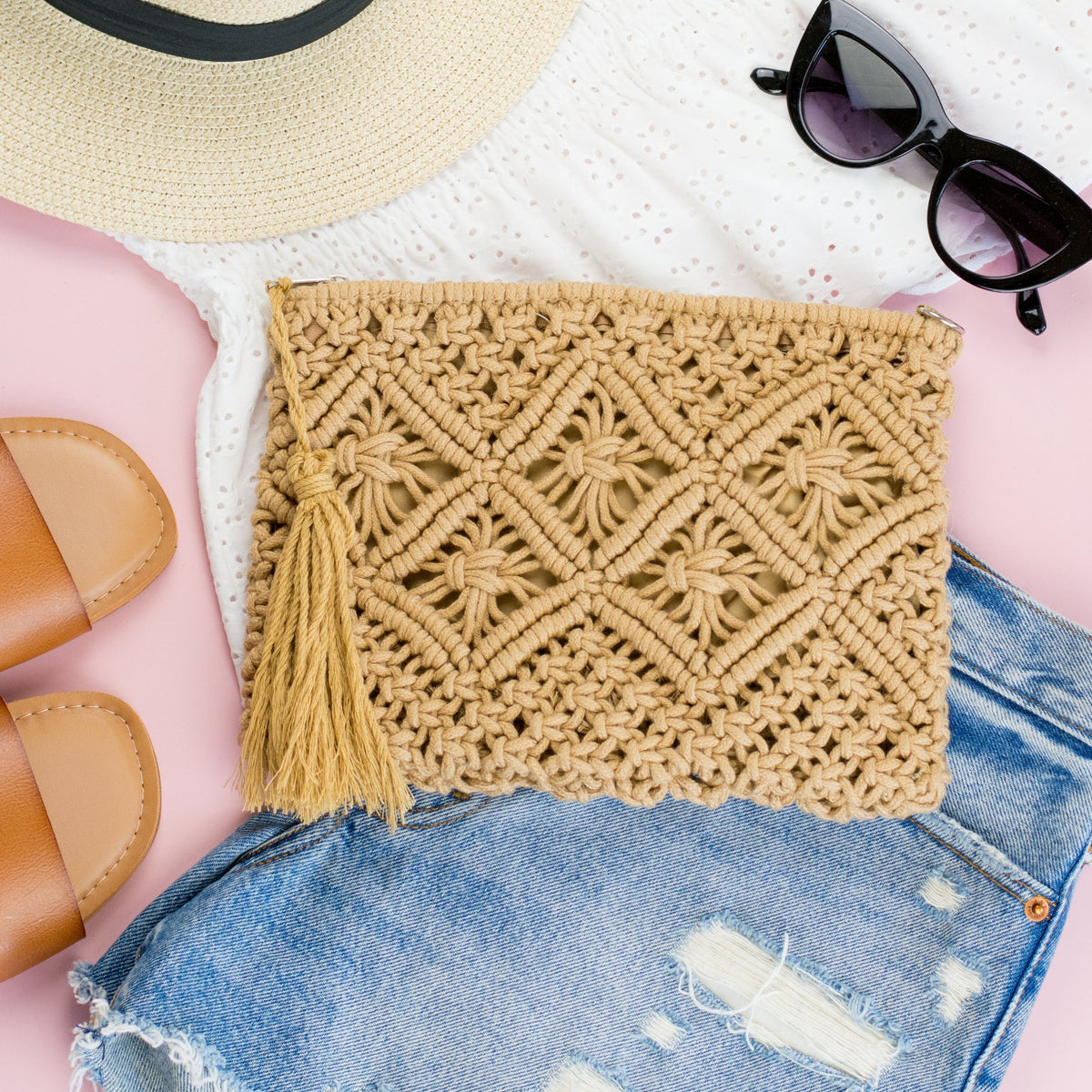 Macrame Tassel Clutch - Khaki