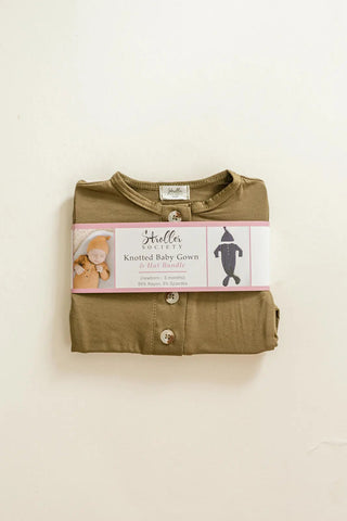 Newborn Knotted Gown and Hat Set Army Green, Olive Green, Newborn Clothes for Boys in - Newborn Knotted Baby Gown Sets photo