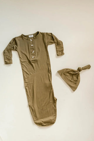 Newborn Knotted Gown and Hat Set Army Green, Olive Green, Newborn Clothes for Boys in - Newborn Knotted Baby Gown Sets photo