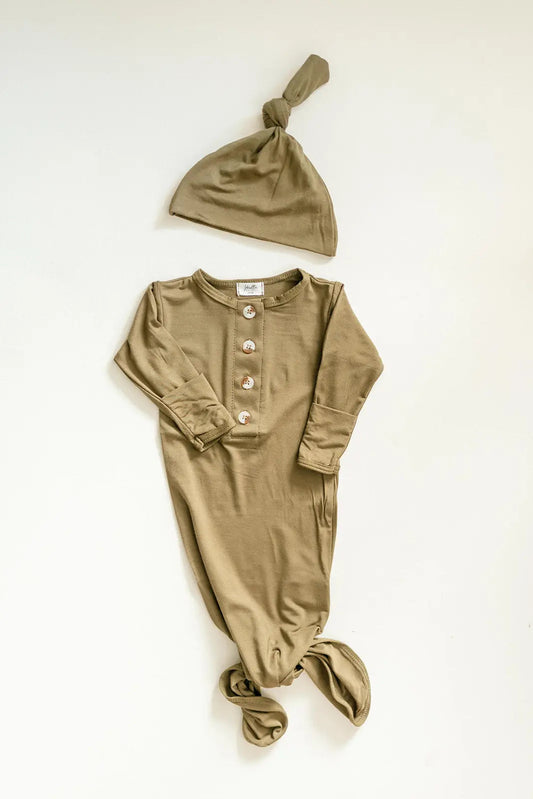 Newborn Knotted Gown and Hat Set Army Green, Olive Green, Newborn Clothes for Boys in - Newborn Knotted Baby Gown Sets photo