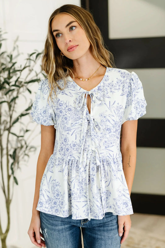 Dainty Lil' Thing Balloon Sleeve Blouse in Ivory/Blue in - Womens photo