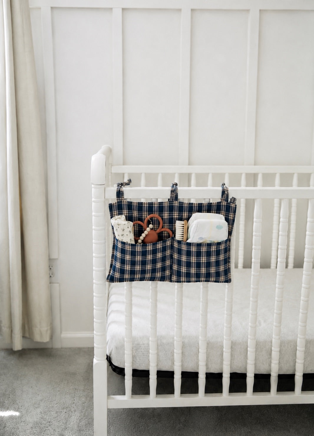 Crib Diaper Caddy Storage Organizer Nursery Room - Blue Plaid