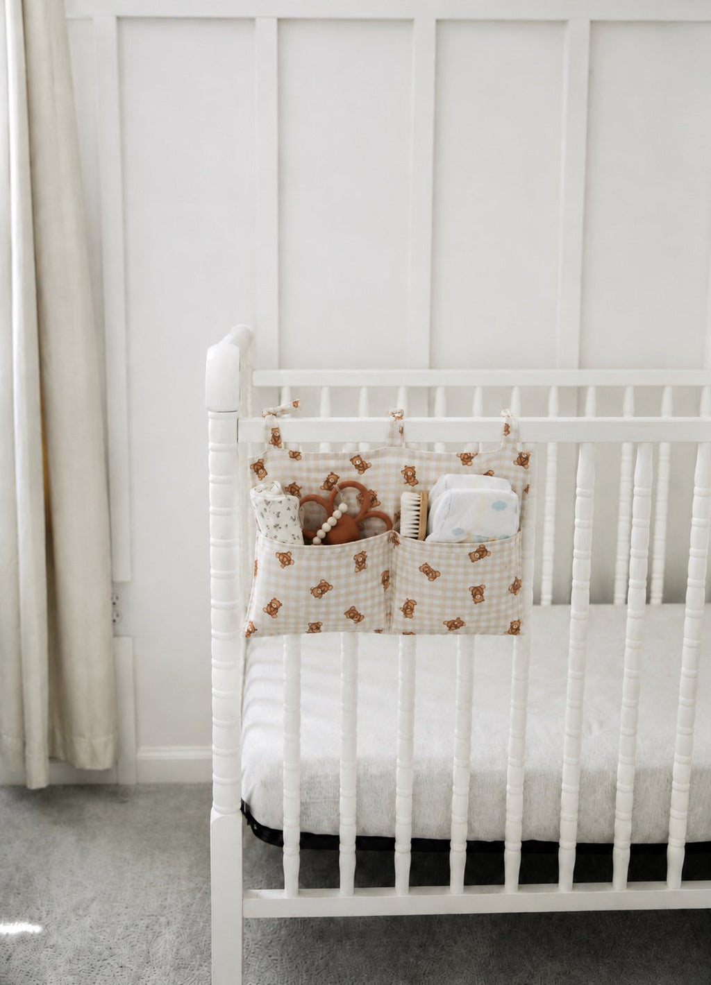 Crib Diaper Caddy Storage Organizer Nursery Room - Beige Teddy Gingham