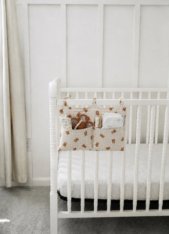 Crib Diaper Caddy Storage Organizer Nursery Room - Beige Teddy Gingham