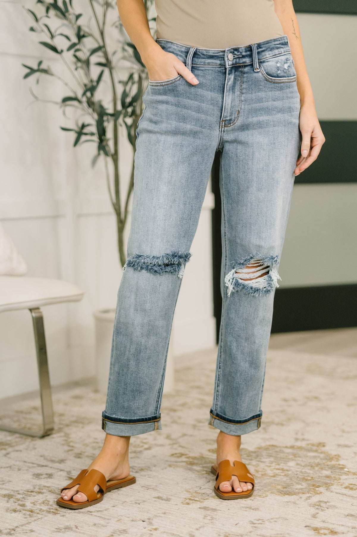 Elaine Mid Rise Boyfriend with Distress & Cuff in - Womens photo