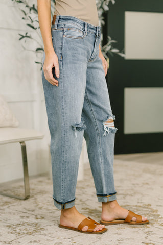 Elaine Mid Rise Boyfriend with Distress & Cuff in - Womens photo