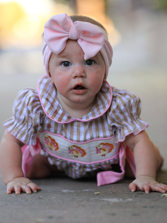 Fall Thanksgiving Lapel Plaid Chick Embroidery Smocking Bow Baby Girls Romper -