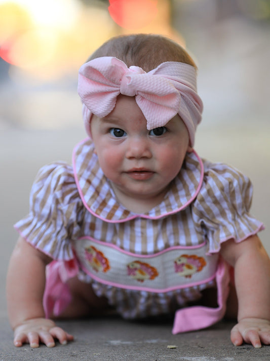 Fall Thanksgiving Lapel Plaid Chick Embroidery Smocking Bow Baby Girls Romper -