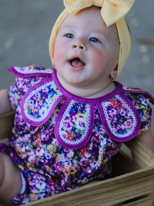 Purple Floral Bow Petals Collar Girls Romper -