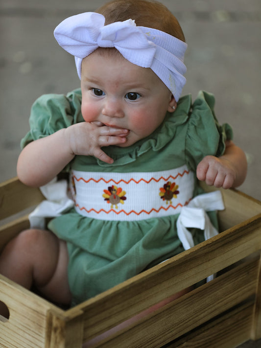 Fall Thanksgiving Chicken Smock Embroidered Green Baby Girl Romper -
