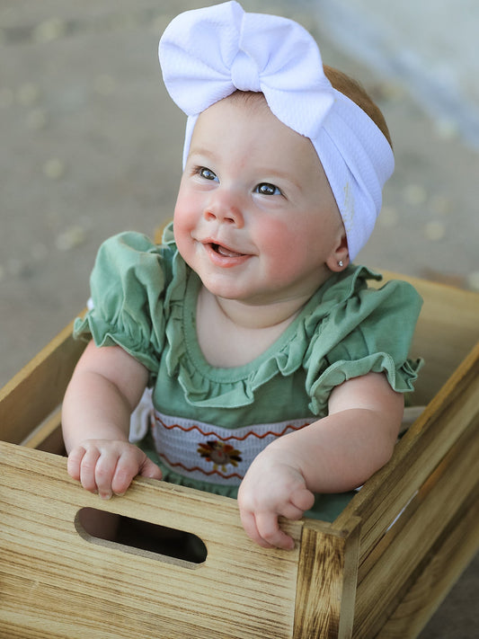 Fall Thanksgiving Chicken Smock Embroidered Green Baby Girl Romper -