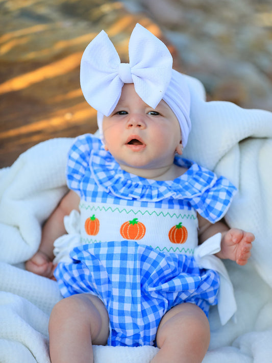 Fall Thanksgiving& Halloween Blue Pumpkin Smock Embroidery Baby Girl Romper -