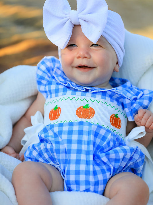 Fall Thanksgiving& Halloween Blue Pumpkin Smock Embroidery Baby Girl Romper -
