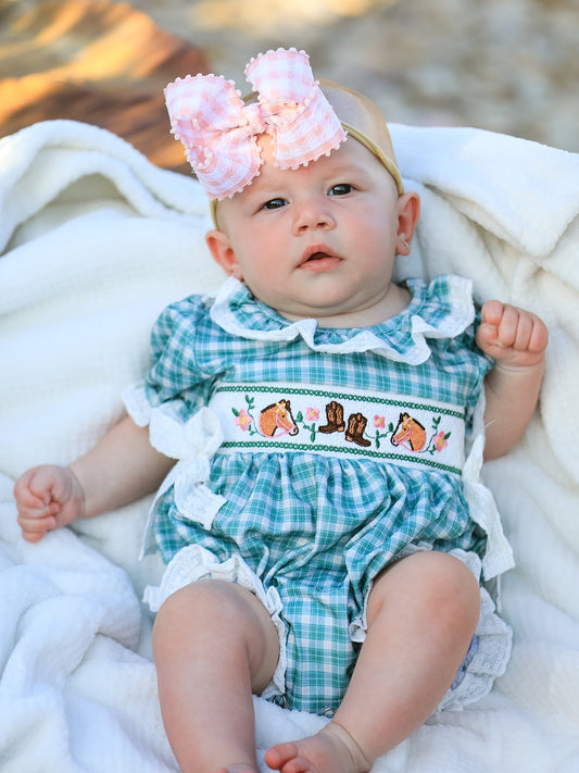 Western Plaid Horse Embroidered Girl Bubble Romper -