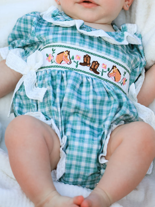 Western Plaid Horse Embroidered Girl Bubble Romper -