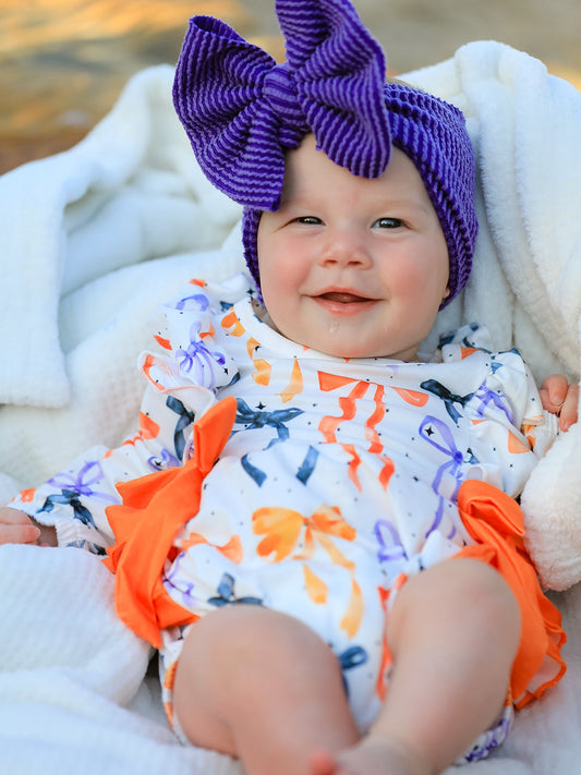 Halloween Bow Print Girls Romper Ruffle Bow Long Sleeve -